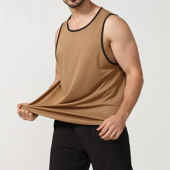 YLSDY Men's Crewneck Loose Fit Tank Tops Workout Gym Fitness T Shirts Summer Sleeveless Muscle Quick Dry Tees Khaki M