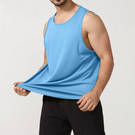 YLSDY Men's Crewneck Loose Fit Tank Tops Workout Gym Fitness T Shirts Summer Sleeveless Muscle Quick Dry Tees Sky Blue L
