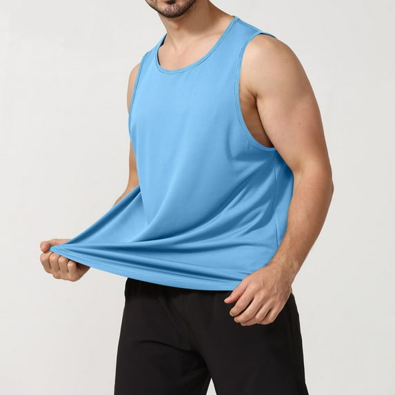 YLSDY Men's Crewneck Loose Fit Tank Tops Workout Gym Fitness T Shirts Summer Sleeveless Muscle Quick Dry Tees Sky Blue L