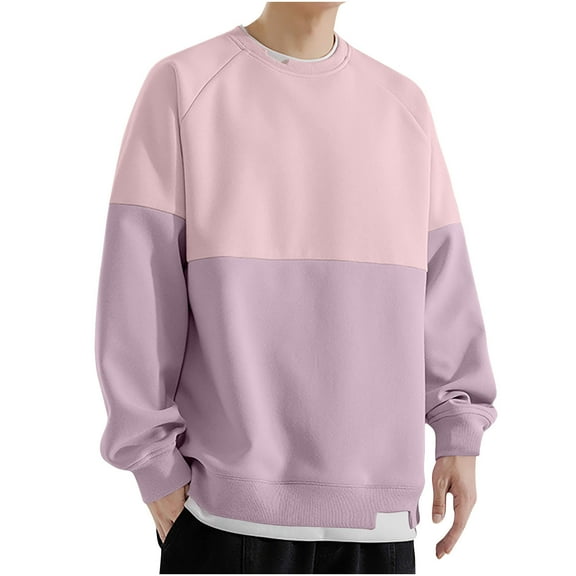 YLSDY Men's Crewneck Sweatshirts Color Block Fake Two Piece Long Sleeve Pullover Tops Fleece Casual Fall Trendy Streetwear Pink XXL