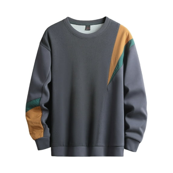 YLSDY Men's Crewneck Sweatshirts Patchwork Contrast Color Long Sleeve Casual Lightweight Pullover Shirt Hip-Hop Sweater Gray L