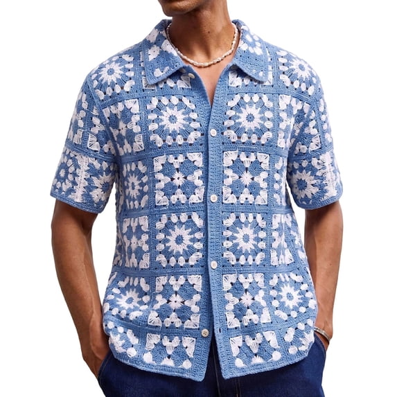YLSDY Men's Crochet Floral Pattern Camp Collar Shirt, Openwork Knit, Short Sleeve Button-Down Beach Top Light Blue XL