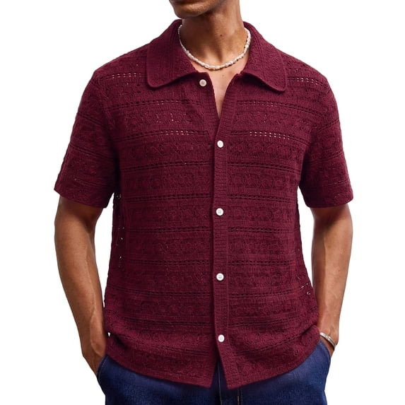 YLSDY Men's Crochet Lace Camp Collar Shirt, Intricate Floral Border Pattern, Short Sleeve Button-Down Beach Top Wine L
