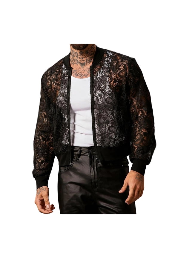 Men's Cropped Sheer Floral Lace Bomber Jackets Mock Neck Long Sleeve See Through Coats Zip Up Outerwear Black S