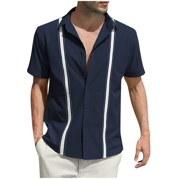 YLSDY Men's Cuban Guayabera Shirt Short Sleeve Button Down Shirts Casual Summer Beach Shirts Vacation Cuban Guayabera Shirt Dark Blue XXL