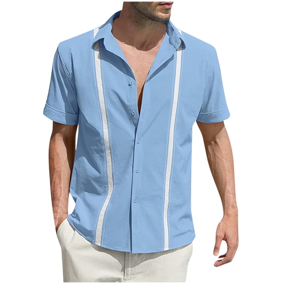 YLSDY Men's Cuban Guayabera Shirt Short Sleeve Button Down Shirts Casual Summer Beach Shirts Vacation Cuban Guayabera Shirt Light Blue XL