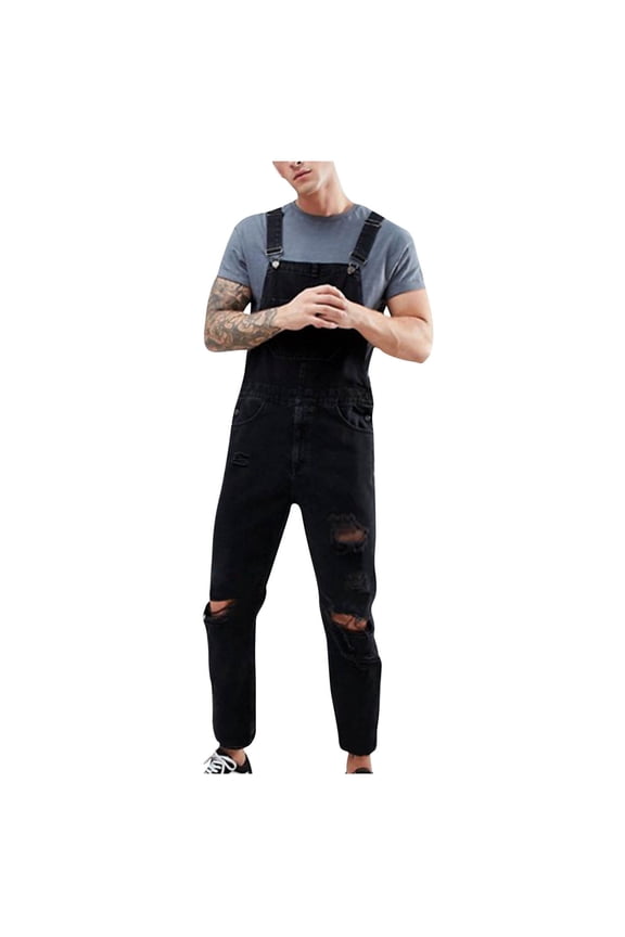 Men's Denim Bib Overalls Distressed Straight Leg Baggy Carpenter Dungarees Jumpsuits Rompers Suspender Jeans Black L