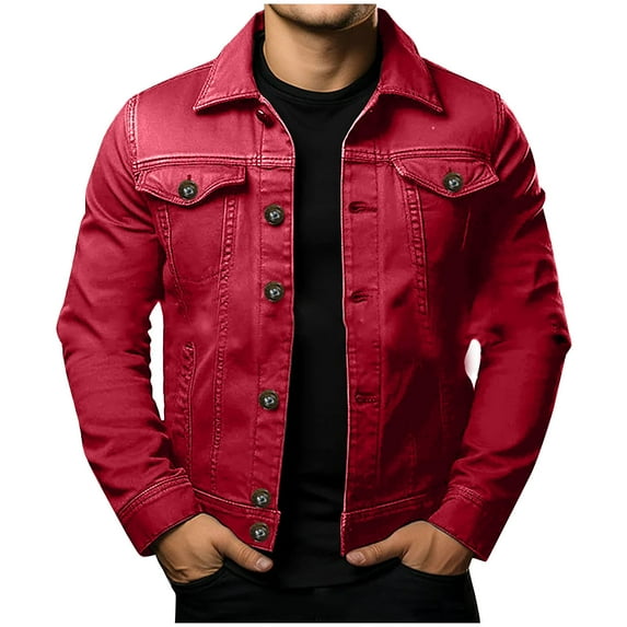 YLSDY Men's Denim Jacket Button Up Long Sleeve Cotton Jacket Classic Outwear Solid Color Regular Fit Trendy Coat Red XXL