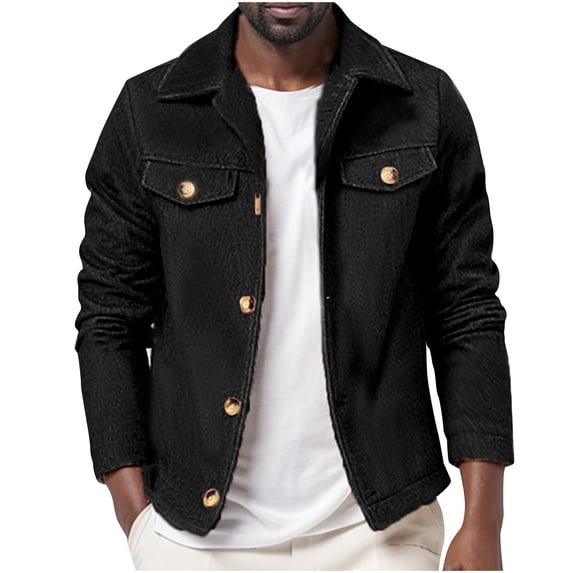 YLSDY Men's Denim Jacket Button Up Long Sleeve Outwear Solid Color Classic Turn Down Collar Pocket Spring Autumn Fashion Black M
