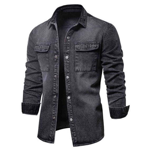 YLSDY Men's Denim Shirt Jean Jacket Long Sleeve Button Up Solid Shirt with Pockets Large Size Outwear Top Clothes Black XXL