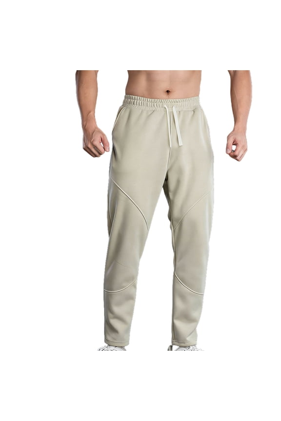 Men's Diagonal Seam Jogger Pants, Elastic Waist Drawstring, Relaxed Fit Everyday Active Trousers Beige M