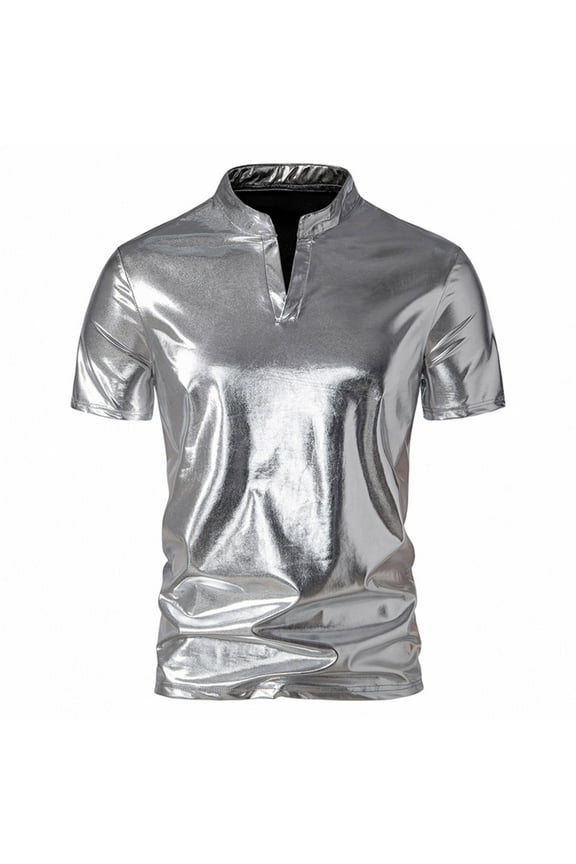 Men's Disco 70s Henley Tops Short Raglan Sleeve T-Shirts Stand-Up Collar V-Neck Shirts Big & Tall Slim Fit Lightweight Lounge Tees Silky Solid Color Tops Silver XXL