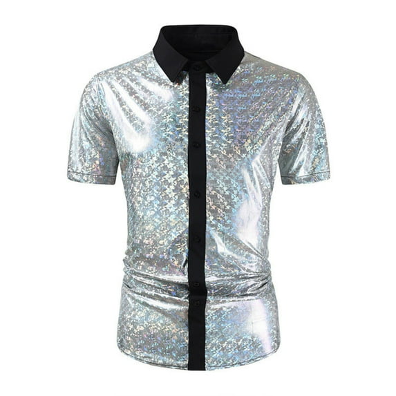 YLSDY Men's Disco Shiny Metallic Shirts Gold Silver Short Sleeve Button Down Tops 70s Party Cosplay Costume Silver XL