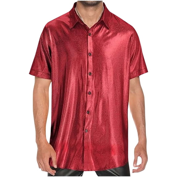 YLSDY Men's Disco Shirts Metallic Shiny Short Sleeve Tops Night Out Party Club Outfit Casual Loose Button Down Shirt Red L