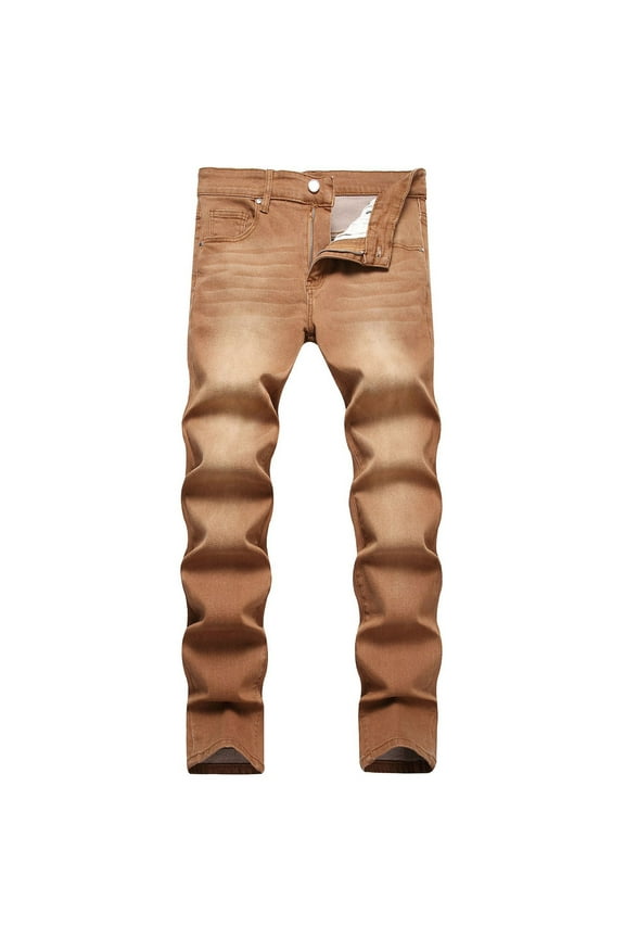 Men's Distressed Washed Denim Pants Skinny Fit Hip Hop Streetwear Trousers Straight Fit Jeans Comfy Stretch Denim Pants Khaki L