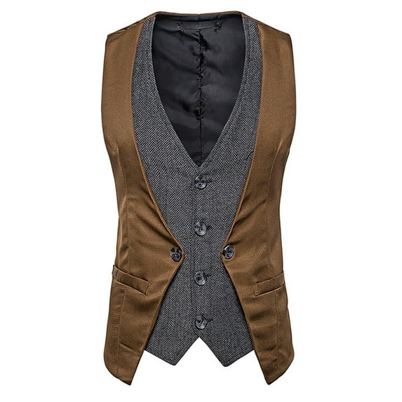 YLSDY Men's Double Breasted Suit Vest Slim Fit Casual Business Waistcoat V-Neck Herringbone Vest Steampunk Gothic Victorian Wedding Party with Welt Pockets Coffee M