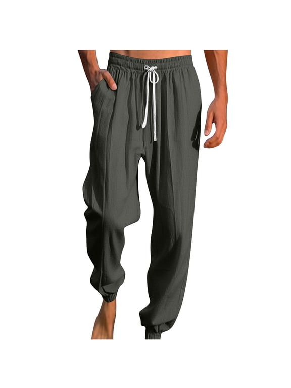 Men's Elastic Wais Ankle Cuffs Trousers Loose Fit Summer Beach Long Trousers Linen Drawstring Harem Pants Solid Beach Long Trousers with Pockets Gray L