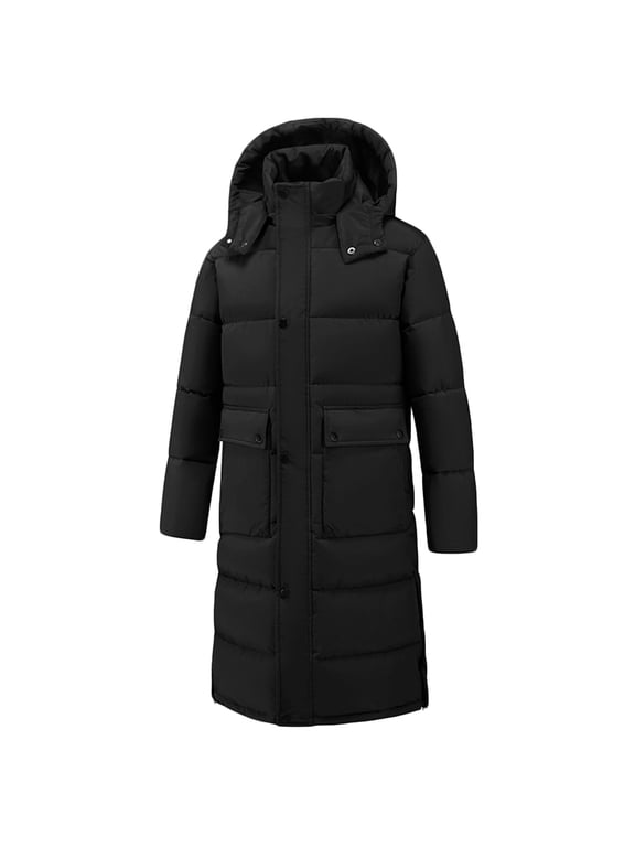 Men's Extra Long Thickened Down Jacket with Thermal Lining,Unisex Full Length Winter Puffer Down Coat with Hem Slit Black L