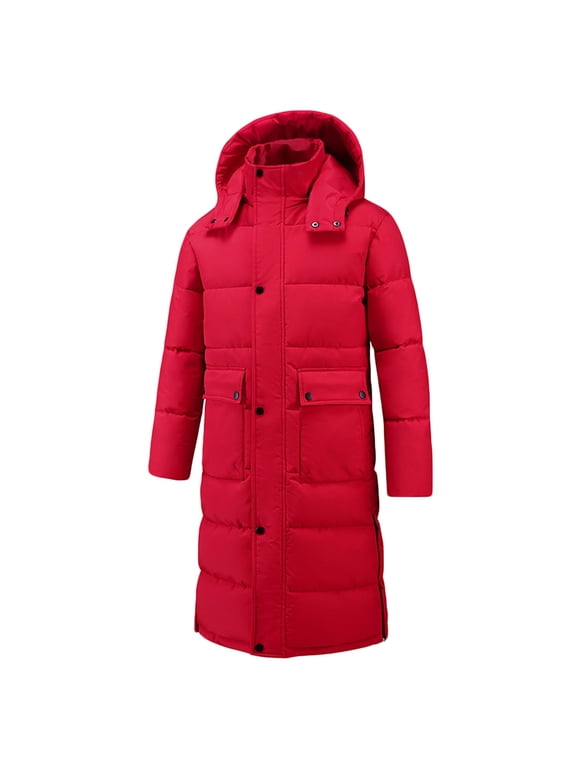 Men's Extra Long Thickened Down Jacket with Thermal Lining,Unisex Full Length Winter Puffer Down Coat with Hem Slit Red XXXXXL
