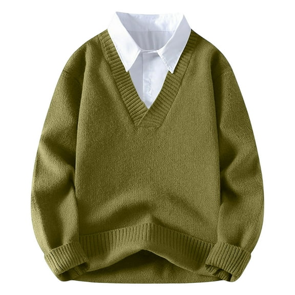 YLSDY Men's Fake-Two-Pieces V Neck Sweaters, Pullover Loose Long Sleeve Cozy Knitted Casual Lapel Sweater Tops Army Green L