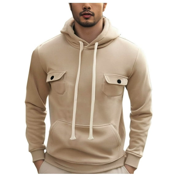 YLSDY Men's Fashion Athletic Hoodies Casual Long Sleeve Pullover Tops Drawstring Big and Tall Sport Sweatshirt with Pockets Khaki S