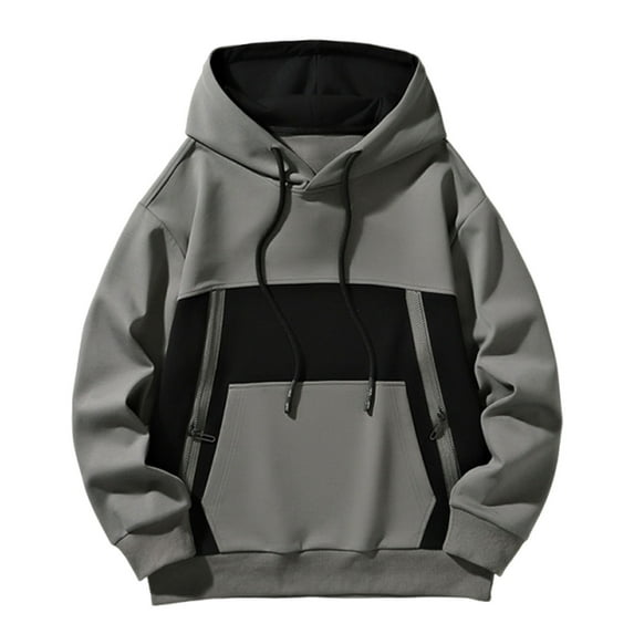YLSDY Men's Fashion Colorblock Hoodie Loose Fit Long Sleeve Drawstring Sweatshirt Zipper Pullover Top with Pockets Gray XXXL