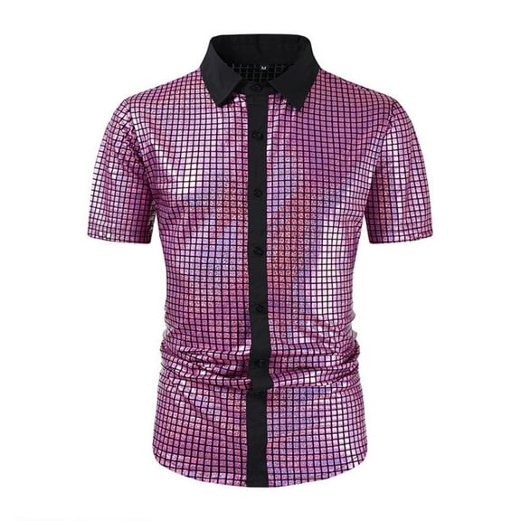 YLSDY Men's Fashion Disco Sequin Button Down Shirts, 70S Vintage Rockabilly Style Short Sleeve Sports Party Tops Pink XXL