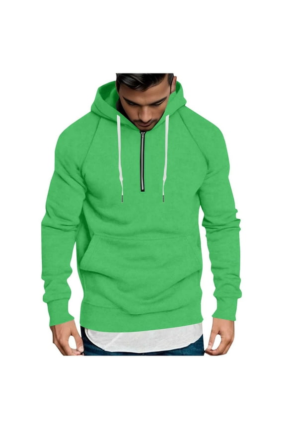 Men's Fashion Hoodies Pullover Casual Sweatshirt Drawstring Quarter Zip Hoodies Long Sleeve Sports Solid Tops with Kangaroo Pocket Mint Green XXL