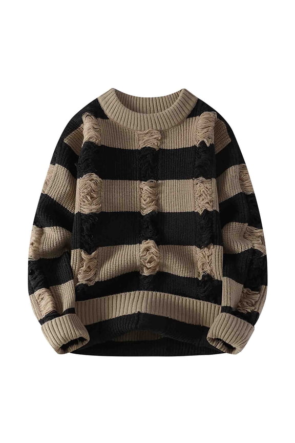 Men's Fashion Ripped Color Block Pullover Sweaters - Cozy Soft Winter Casual Loose Crewneck Long Sleeve Knitted Tops Coffee XXXL