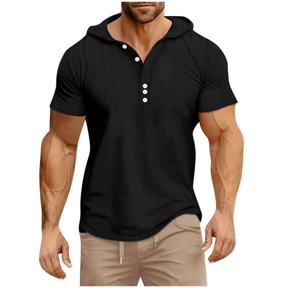 YLSDY Men's Fashion T-Shirts Hoodie Casual Summer Short Sleeve Athletic Workout Muscle Hoodies T Shirts with Button Design for Everyday Wear Black XL
