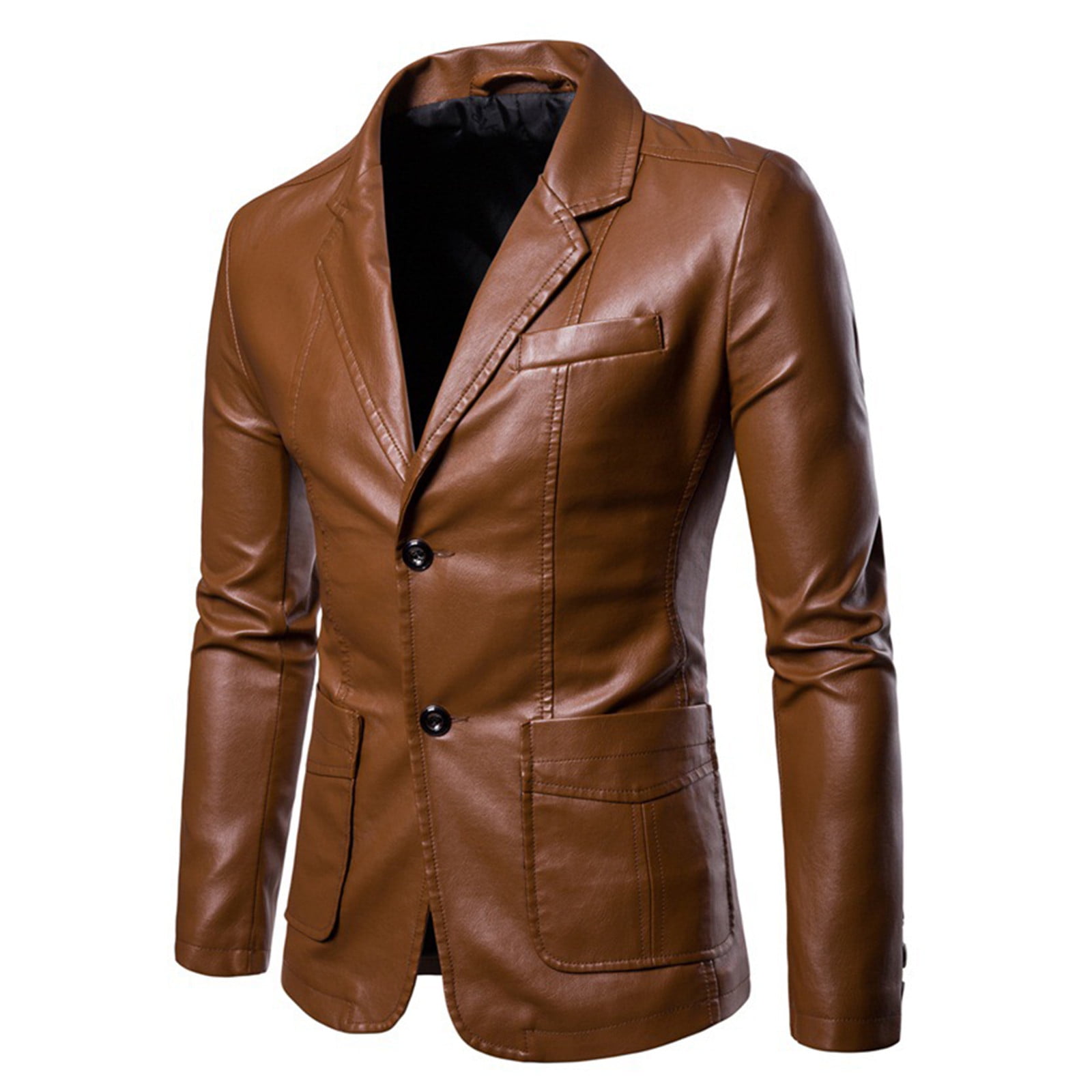 YLSDY Men's Faux Leather Blazer Jacket Slim Fit Button Up Long Sleeve Business Wedding Party Coat Khaki XXL