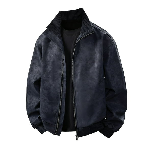 YLSDY Men's Faux Leather Bomber Jacket Long Sleeve Stand Collar PU Leather Windbreaker Full Zip Up Casual Coat Outerwear Blue L