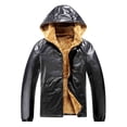 thumbnail image 1 of YLSDY Men's Faux Leather Hooded Trucker Jacket with Sherpa Lining Zip up Fashion Solid Stand Collar Winter Warm Hoodie Coat Black XL, 1 of 9