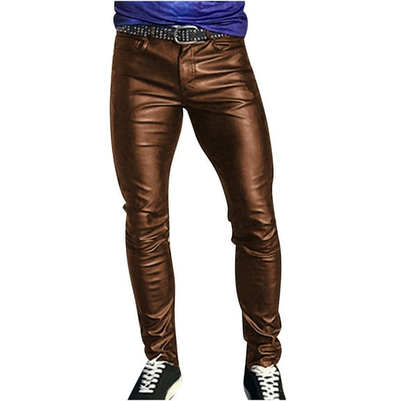YLSDY Men's Faux Leather Pants Solid Color Stretch Jeans Slim Fit Biker Jeans Slim Fit Skinny Clubwear Trousers Brown S