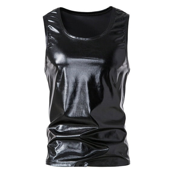 YLSDY Men's Faux Leather Tank Top Silm Sport Vest Sleeveless Shirts Solid Pullover Crew Neck Sports Tank Tops Vest Black 6