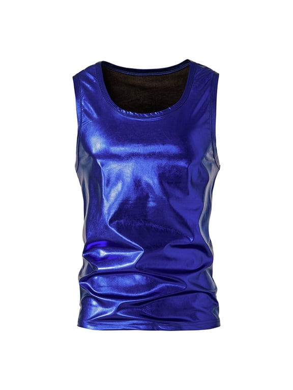 Men's Faux Leather Tank Top Silm Sport Vest Sleeveless Shirts Solid Pullover Crew Neck Sports Tank Tops Vest Blue 10
