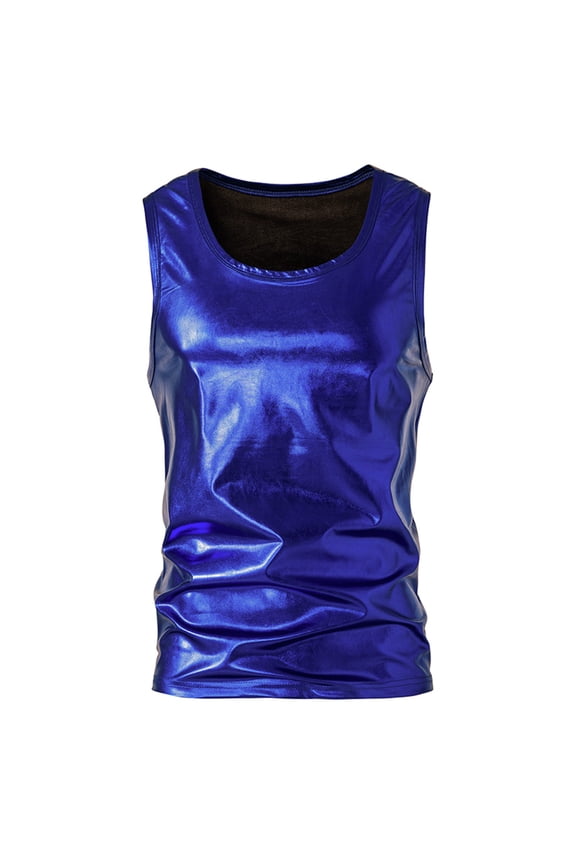Men's Faux Leather Tank Top Silm Sport Vest Sleeveless Shirts Solid Pullover Crew Neck Sports Tank Tops Vest Blue 6