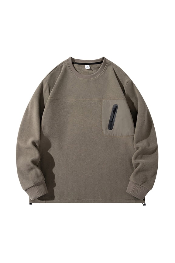 Men's Fleece Crewneck Sweatshirts Stylish Zip Pocket Casual Pullovers Long Sleeve Loose Workout Tee Tops Coffee XL