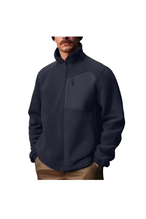 Men's Fleece Full Zip Up Sweatshirt Windproof Soft Shell Camo Hunting Jacket Heavy Mock Neck Jackets with Zip Pocket Dark Blue XXXXXL