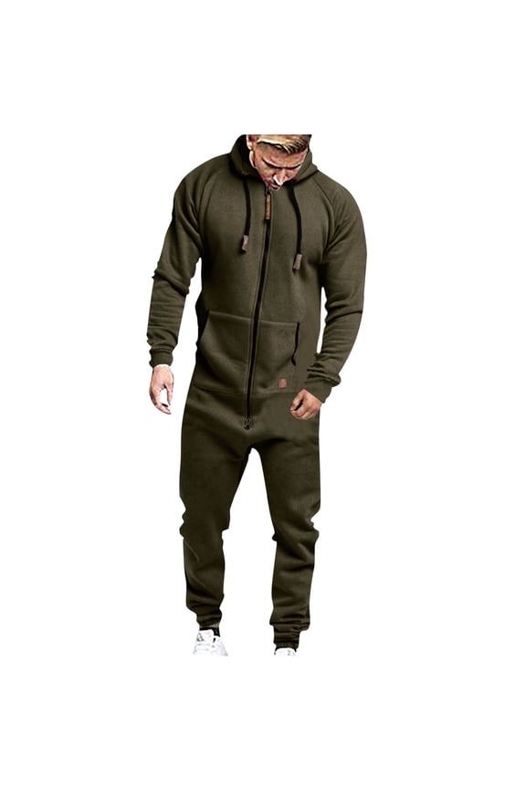 Men's Fleece Lined Hooded Jumpsuit Zip Up One Piece Pajamas Playsuit Jogger Sweatsuit Overall Romper Army Green 10