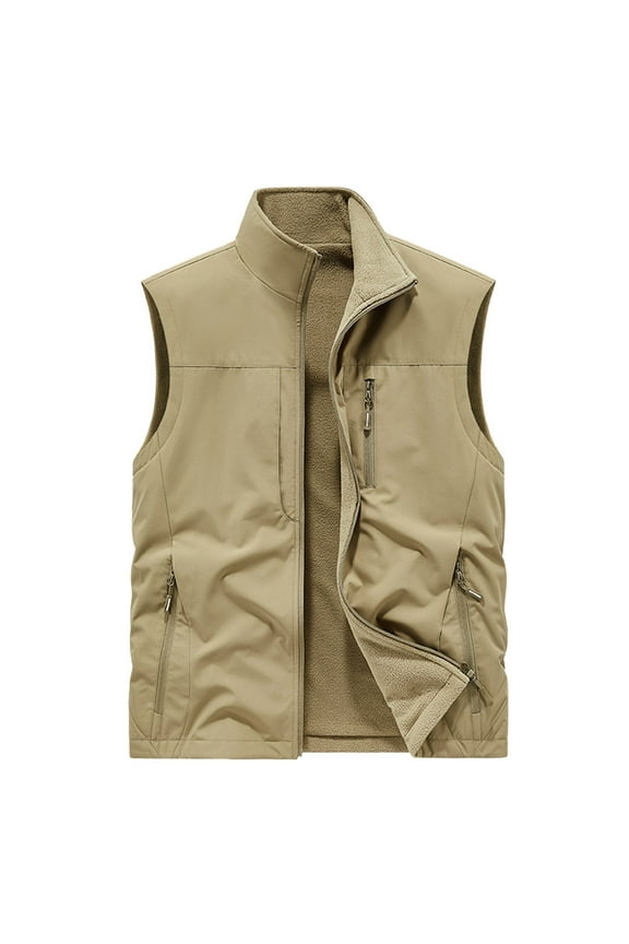 Men's Fleece Lined Vest Winter Warm Sleeveless Jacket Outdoor Hiking Camping Sports Vest Khaki XL