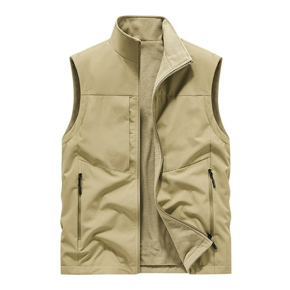 YLSDY Men's Fleece Lined Vest Winter Warm Sleeveless Jacket Outdoor Zipper Vest with Pockets Khaki XXXL