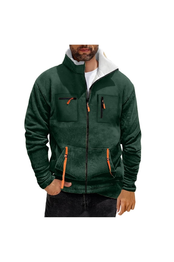 Men's Fleece Sherpa Lined Winter Coat Thick Thermal Warm Full Zip Stand Collar Work Cargo Jackets with Pockets Green XXL