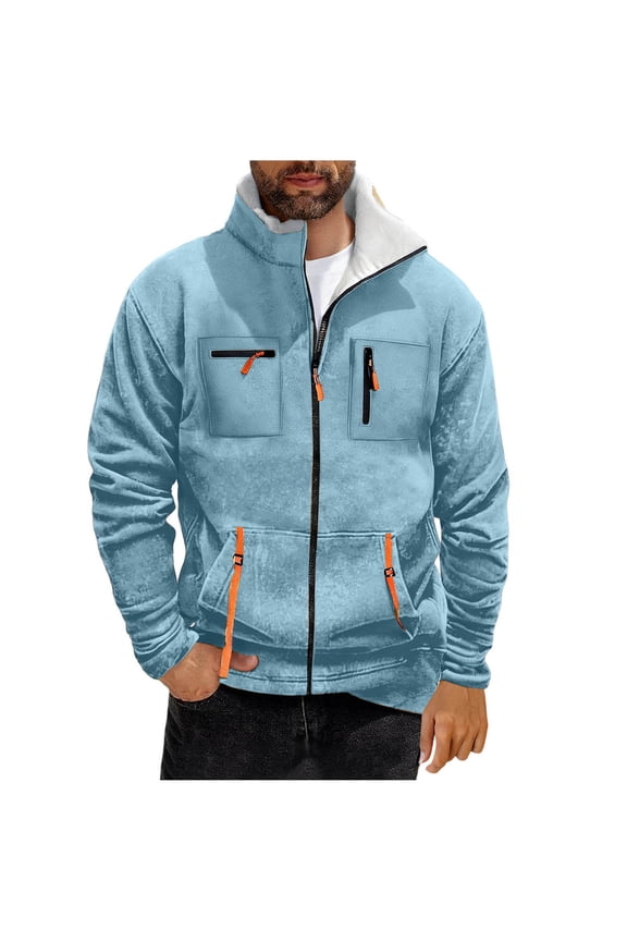 Men's Fleece Sherpa Lined Winter Coat Thick Thermal Warm Full Zip Stand Collar Work Cargo Jackets with Pockets Light Blue S