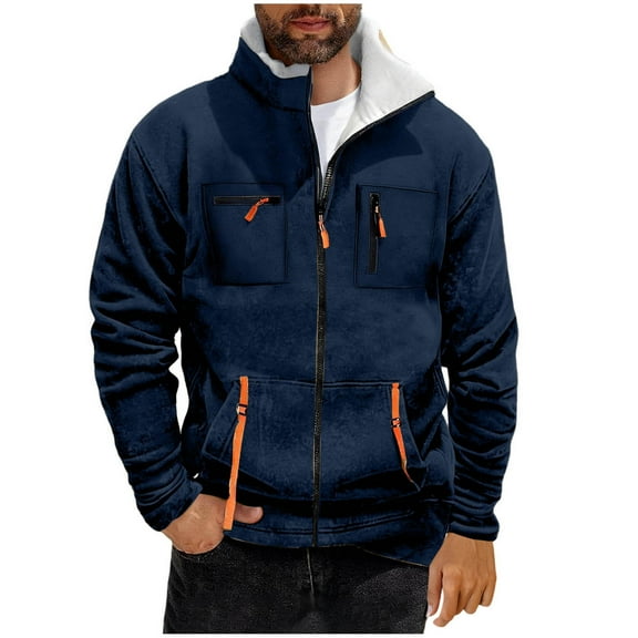 YLSDY Men's Fleece Sherpa Lined Winter Coat Thick Thermal Warm Full Zip Stand Collar Work Cargo Jackets with Pockets Navy S