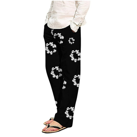 YLSDY Men's Floral Print Pants Comfortable Loose Fit Lightweight Breathable Trousers for Summer Spring Black XL