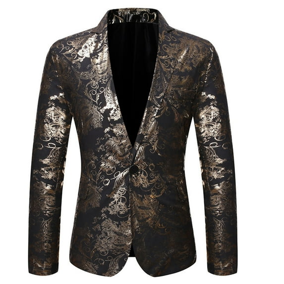 YLSDY Men's Floral Print Suit Blazer Shiny Nightclub Party Dress Stage Costume One Button Slim Fit Jacket Gold XL