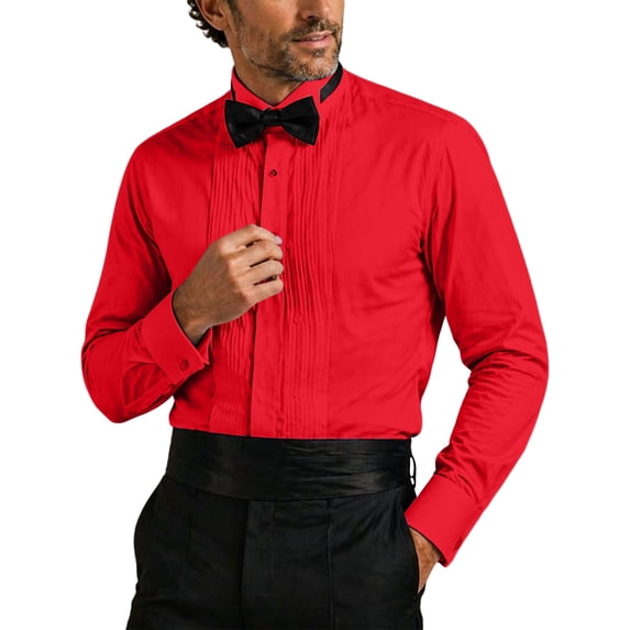 YLSDY Men's Formal Tuxedo Shirt, Pleated Front with Bow Tie Included, Long Sleeve Collared Top for Events Red L