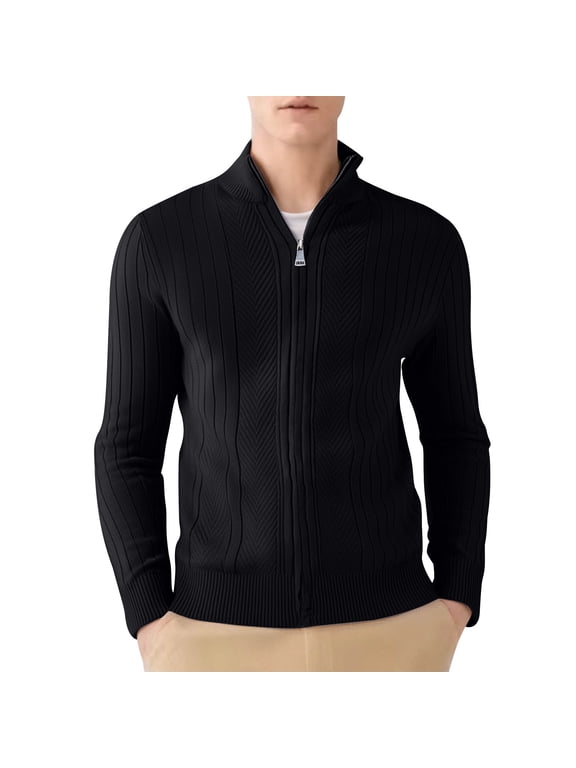 Men's Full Zip Cardigan Sweater Coat Slim Fit Cable Knitted Solid Zip Up Sweater Jacket with Pockets Black M