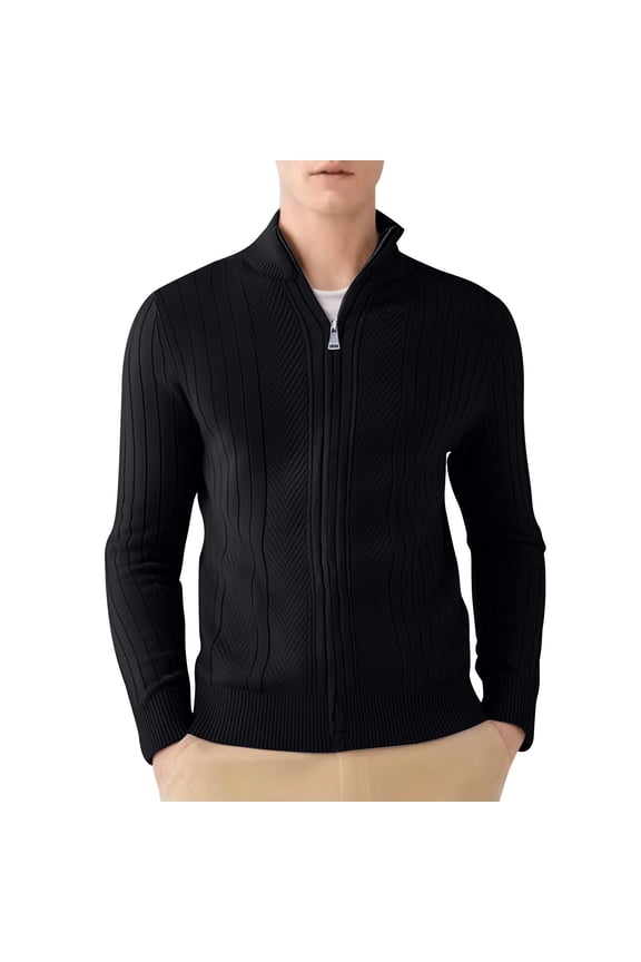 Men's Full Zip Cardigan Sweater Coat Slim Fit Cable Knitted Solid Zip Up Sweater Jacket with Pockets Black M